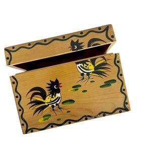 Woodpecker Wood Ware Vintage Handpainted Dovetail Rooster Recipe Box Japan 1960s